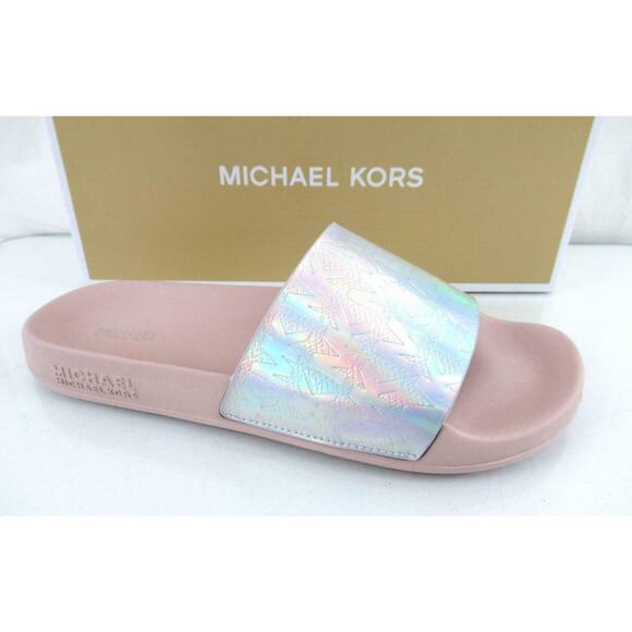 Michael Kors Gilmore Slide Sandals MK Debossed Metallic Silver Multi Size 9 - Picture 1 of 9